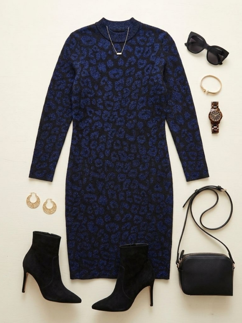 Banana Republic Blue & Black Animal-Print Mock Neck Sweater Dress, Size Small